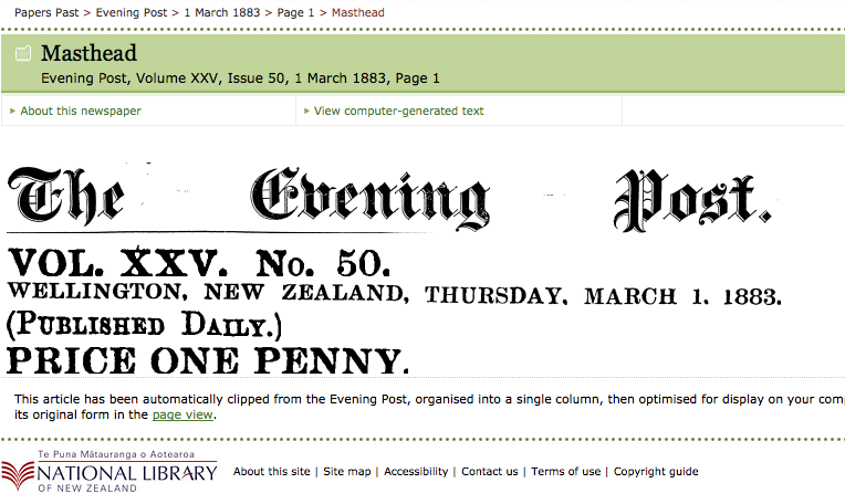Evening Post Masthead 1 March 1883