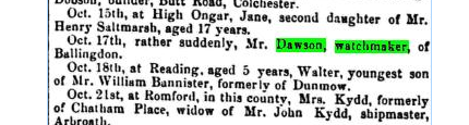 DAWSON  GROUT Marriage.Source: Births, Deaths, Marriages and Obituaries .  The Essex Standard, and General Advertiser for the Eastern Counties (Colchester, England), Friday, October 27, 1865; Issue 1819. 19th Century British Library Newspapers: Part II