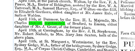 DAWSON GROUT Watchmaker newspaper clipping. Source: Births, Deaths, Marriages and Obituaries .  The Essex Standard, and General Advertiser for the Eastern Counties (Colchester, England), Wednesday, April 22, 1857; Issue 1375. 19th Century British Library Newspapers: Part II.