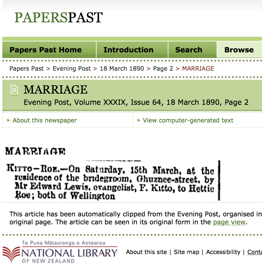 Paperspast Marriage notice for Family History Story