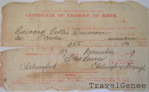 Edward Collis Dawson Birth Cert