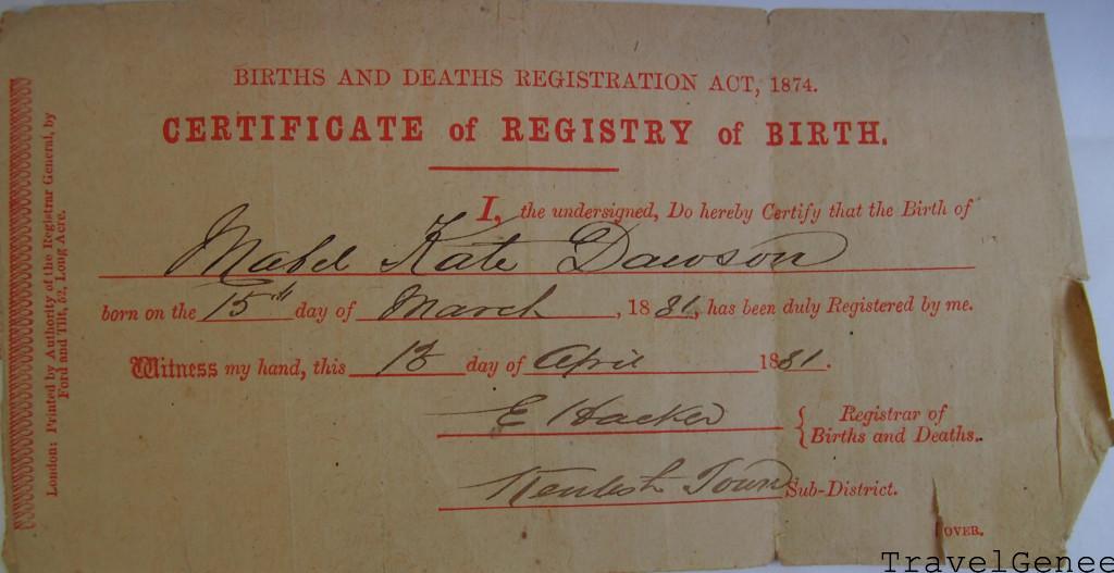 Mabel Kate Dawson Birth Cert