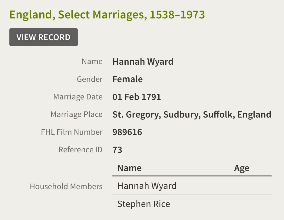 Hannah WYARD and Stephen RICE marriage - TravelGenee #atozchallenge W