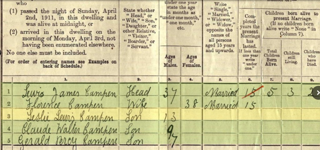 Leslie-Lewis-Campen-1911 -census