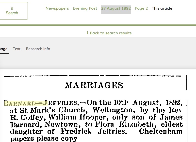 0528 Paperspast: Marriage WH Barnard & FE Jeffries in 1892